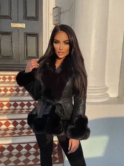 Freya Belted Fur Coat - Black