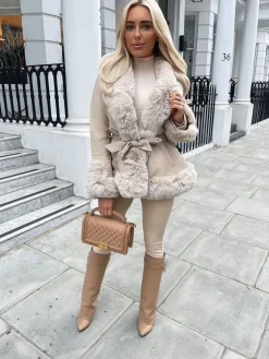 Freya Belted Fur Coat - Cream