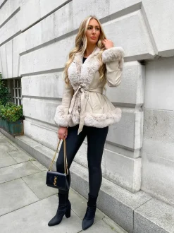Freya Belted Fur Coat - Cream
