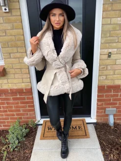 Freya Belted Fur Coat - Cream