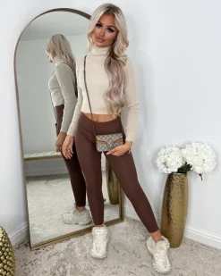 Gabby Ribbed High Waisted Leggings - Brown