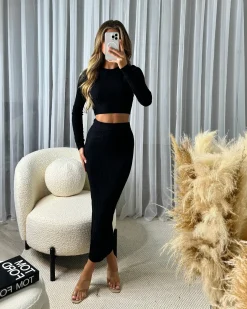 Gemma Cable Knit Skirt & Crop Jumper Set - Black