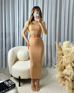 Gemma Cable Knit Skirt & Crop Jumper Set - Camel