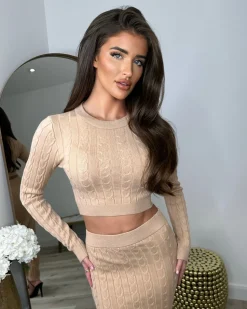 Gemma Cable Knit Skirt & Crop Jumper Set - Camel