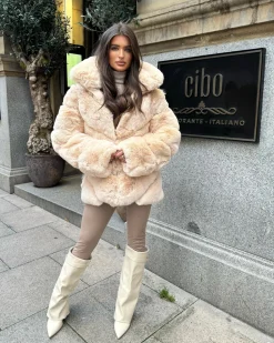 Gigi Faux Fur High Collar Coat- Beige