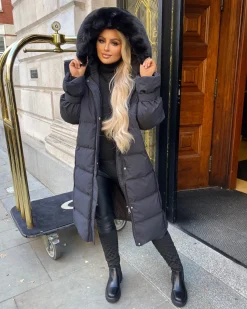Hallie Padded Coat with Fur Hood - Black