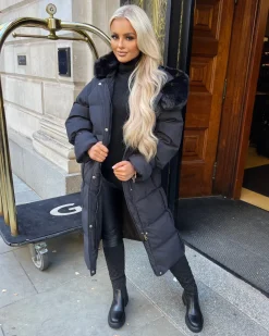 Hallie Padded Coat with Fur Hood - Black