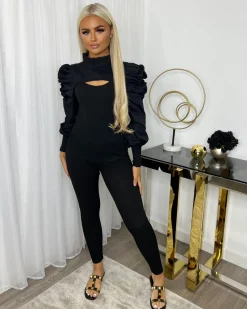 Hazel Slit Front Puff Sleeve Loungewear Set - Black