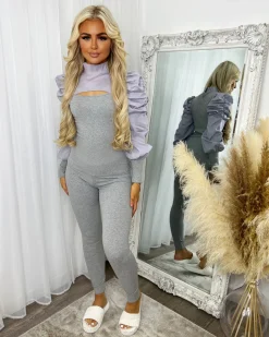 Hazel Slit Front Puff Sleeve Loungewear Set - Grey