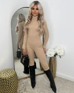 India Unitard Ribbed Jumpsuit - Beige