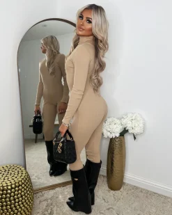 India Unitard Ribbed Jumpsuit - Beige