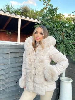 Isobella Belted Faux Fur Trim Hooded Coat - Beige