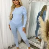Kara Gold Button Frill Loungeset - Baby Blue