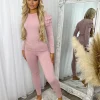 Kara Gold Button Frill Loungeset - Pink