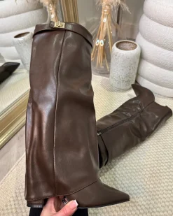 Kasia Knee High Fold Over Heels Boots - Chocolate