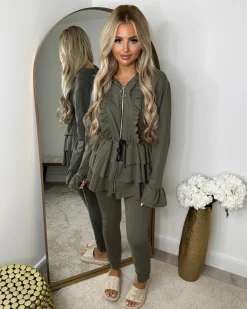 Kayla Frill Full Zip Loungewear - Khaki