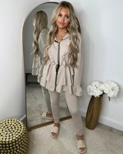 Kayla Frill Full Zip Loungewear - Beige