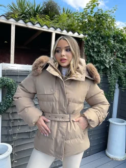 Kelsey Padded Faux Fur Hooded Coat - Camel