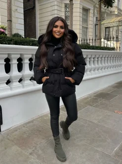 Kelsey Padded Faux Fur Hooded Coat - Black