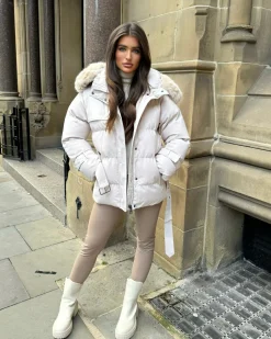 Kelsey Padded Faux Fur Hooded Coat - Beige