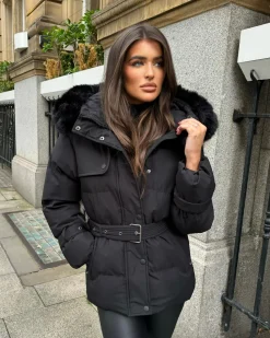 Kelsey Padded Faux Fur Hooded Coat - Black