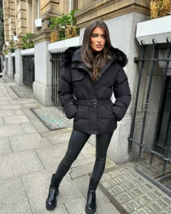 Kelsey Padded Faux Fur Hooded Coat - Black