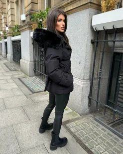 Kelsey Padded Faux Fur Hooded Coat - Black