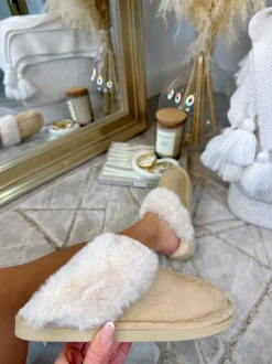 Kylie Faux-Fur Slippers- Beige