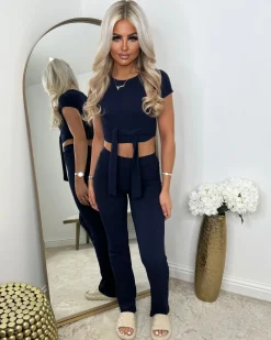Laura Tie Front Cropped Loungewear Set - Navy
