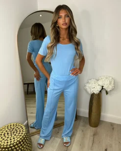 Libby Ribbed Bodysuit & Wide Leg Trousers - Sky Blue