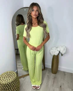 Libby Ribbed Bodysuit & Wide Leg Trousers - Lime Green