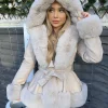 Lillie Belted Fur Hooded Coat - Cream