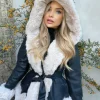 Lillie Belted Fur Hooded Coat - Black/Cream