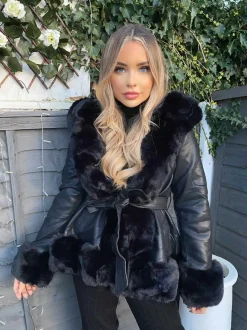 Lillie Belted Fur Hooded Coat - Black