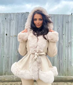 Lillie Belted Fur Hooded Coat - Cream