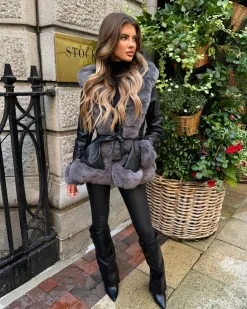 Lillie Belted Fur Hooded Coat - Black/Grey