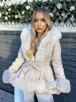 Lillie Belted Fur Hooded Coat - Cream