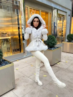 Lillie Belted Fur Hooded Coat - Cream