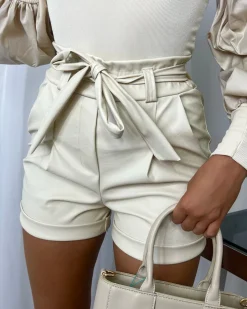 Mae Faux Leather Belted Shorts - Beige