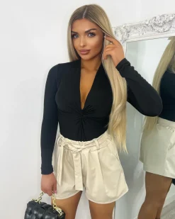 Mae Faux Leather Belted Shorts - Beige