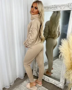 Martina Ruched Sleeve Hoodie & Pants Set - Beige