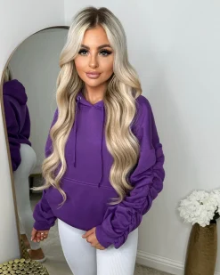 Penny Ruched Sleeve Hoodie - Purple