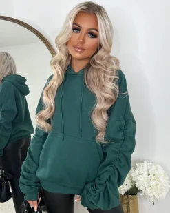 Penny Ruched Sleeve Hoodie - Bottle Green