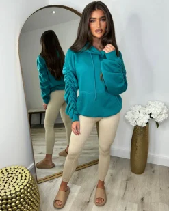 Penny Ruched Sleeve Hoodie - Teal