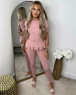 Piper Gold Button Short Sleeve Ribbed Loungeset - Baby Pink