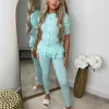 Piper Gold Button Short Sleeve Ribbed Loungeset - Mint