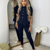 Piper Gold Button Short Sleeve Ribbed Loungeset - Navy