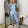 Piper Gold Button Short Sleeve Ribbed Loungeset - Sky Blue