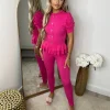 Piper Gold Button Short Sleeve Ribbed Loungeset - Fuchsia