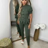 Piper Gold Button Short Sleeve Ribbed Loungeset - Khaki
